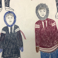 Large Signed Inuit Crayon and Graphite Drawing of Many Figures