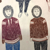 Large Signed Inuit Crayon and Graphite Drawing of Many Figures