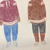 Large Signed Inuit Crayon and Graphite Drawing of Many Figures