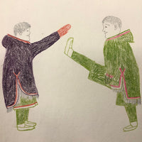 Large Signed Inuit Crayon and Graphite Drawing of Many Figures