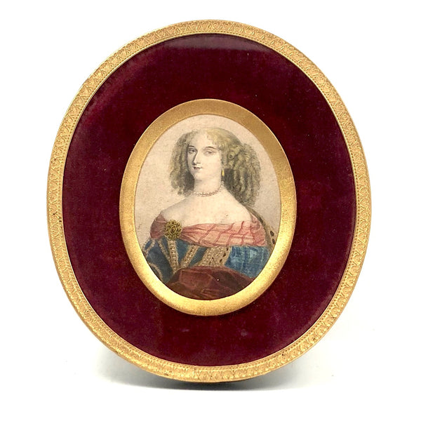 SOLD Antique Miniature Hand-colored Engraved Portrait of Fancy Woman in Fancy Frame