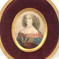 SOLD Antique Miniature Hand-colored Engraved Portrait of Fancy Woman in Fancy Frame