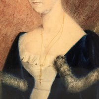 Woman with Cross and Blue Velvet Cape, 19th C Watercolor Portrait in Period Frame