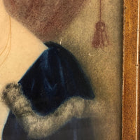 Woman with Cross and Blue Velvet Cape, 19th C Watercolor Portrait in Period Frame
