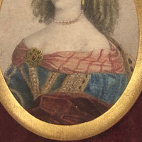 SOLD Antique Miniature Hand-colored Engraved Portrait of Fancy Woman in Fancy Frame