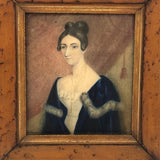 Woman with Cross and Blue Velvet Cape, 19th C Watercolor Portrait in Period Frame