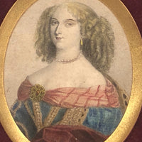 SOLD Antique Miniature Hand-colored Engraved Portrait of Fancy Woman in Fancy Frame