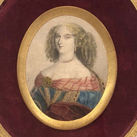 SOLD Antique Miniature Hand-colored Engraved Portrait of Fancy Woman in Fancy Frame