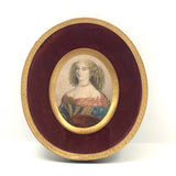 SOLD Antique Miniature Hand-colored Engraved Portrait of Fancy Woman in Fancy Frame