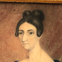 Woman with Cross and Blue Velvet Cape, 19th C Watercolor Portrait in Period Frame