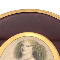 SOLD Antique Miniature Hand-colored Engraved Portrait of Fancy Woman in Fancy Frame
