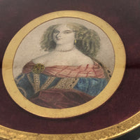 SOLD Antique Miniature Hand-colored Engraved Portrait of Fancy Woman in Fancy Frame