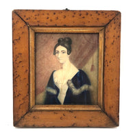 Woman with Cross and Blue Velvet Cape, 19th C Watercolor Portrait in Period Frame
