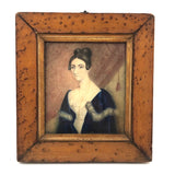 Woman with Cross and Blue Velvet Cape, 19th C Watercolor Portrait in Period Frame