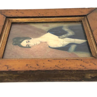 Woman with Cross and Blue Velvet Cape, 19th C Watercolor Portrait in Period Frame