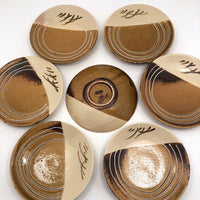 Great Set of Seven Mustard and Cream Japanese Studio Pottery Small Plates
