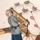 Antique Chinese Gouache Painting of Two Figures with Cart on Pith Paper, Signed