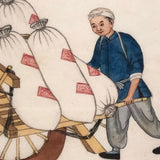 Antique Chinese Gouache Painting of Two Figures with Cart on Pith Paper, Signed