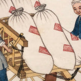 Antique Chinese Gouache Painting of Two Figures with Cart on Pith Paper, Signed