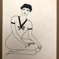 Lovely Black Ink Drawing of Woman with Flower Signed JK, c. 1929