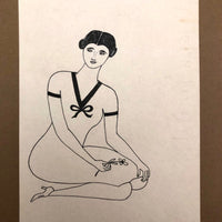 Lovely Black Ink Drawing of Woman with Flower Signed JK, c. 1929