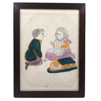 Marvelous 19th C. Naive Watercolor and Graphite Drawing of Two Children and Noah's Arc (?)