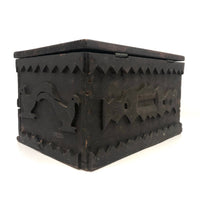 Wonderful 19th Century Folk Art / Tramp Art Box With Birds and Interior Lined with Quack Medicine Advertisement