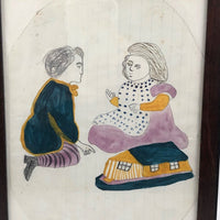 Marvelous 19th C. Naive Watercolor and Graphite Drawing of Two Children and Noah's Arc (?)