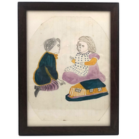 Marvelous 19th C. Naive Watercolor and Graphite Drawing of Two Children and Noah's Arc (?)