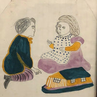 Marvelous 19th C. Naive Watercolor and Graphite Drawing of Two Children and Noah's Arc (?)