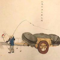 Antique Chinese Gouache Painting on Pith Paper of Worker with Horse Drawn Cart