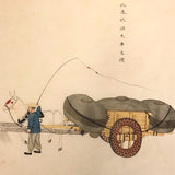 Antique Chinese Gouache Painting on Pith Paper of Worker with Horse Drawn Cart