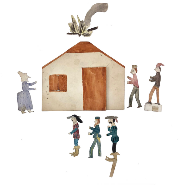 Wonderful Little Antique Watercolored Cutout Figures, House, and Fire!