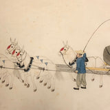 Antique Chinese Gouache Painting on Pith Paper of Worker with Horse Drawn Cart
