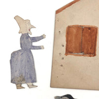 Wonderful Little Antique Watercolored Cutout Figures, House, and Fire!