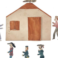 Wonderful Little Antique Watercolored Cutout Figures, House, and Fire!