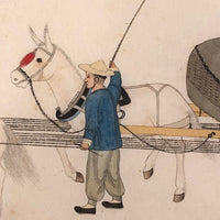 Antique Chinese Gouache Painting on Pith Paper of Worker with Horse Drawn Cart