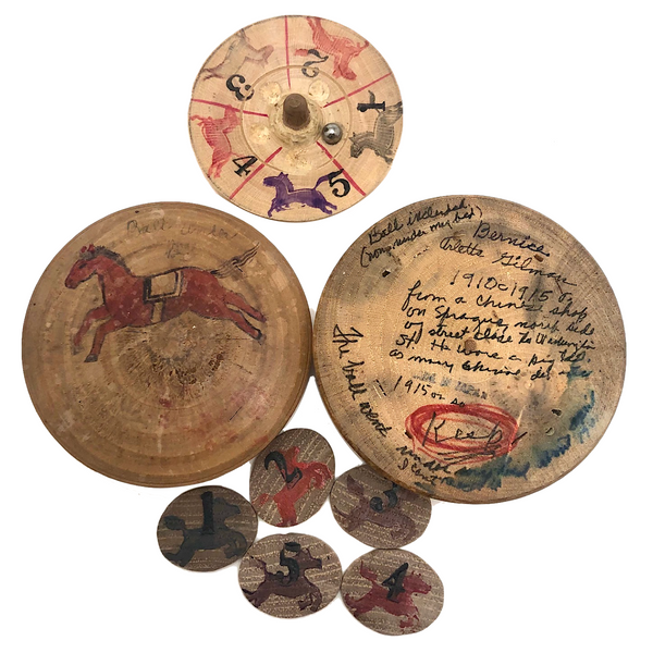 Japanese Horse Roulette in Turned Wooden Box with Great Text on Bottom