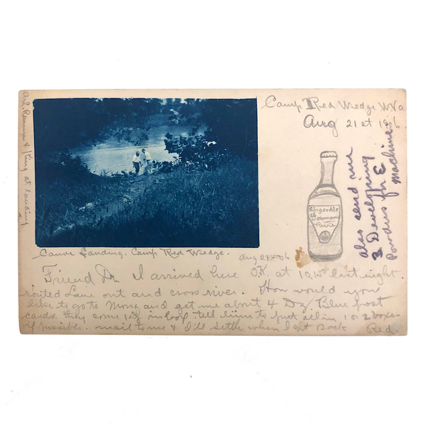 Interesting 1906 Cyanotype Postcard from Camp Red Wedge, with Gingerale Drawing