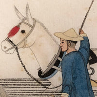 Antique Chinese Gouache Painting on Pith Paper of Worker with Horse Drawn Cart