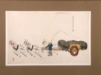 Antique Chinese Gouache Painting on Pith Paper of Worker with Horse Drawn Cart