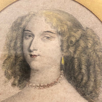 SOLD Antique Miniature Hand-colored Engraved Portrait of Fancy Woman in Fancy Frame