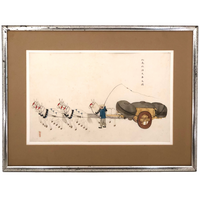 Antique Chinese Gouache Painting on Pith Paper of Worker with Horse Drawn Cart