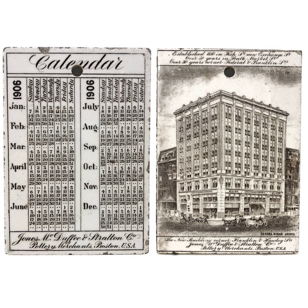 1906 Jones McDuffee & Stratton, Boston Pottery Merchants Wedgwood Tile with Calendar