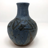 Drippy Blue Glazed Studio Pottery Bud Vase with Banded Design of Black Triangles