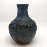 Drippy Blue Glazed Studio Pottery Bud Vase with Banded Design of Black Triangles