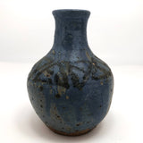 Drippy Blue Glazed Studio Pottery Bud Vase with Banded Design of Black Triangles