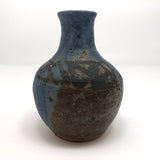 Drippy Blue Glazed Studio Pottery Bud Vase with Banded Design of Black Triangles