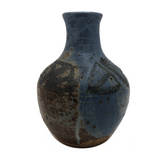 Drippy Blue Glazed Studio Pottery Bud Vase with Banded Design of Black Triangles