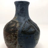 Drippy Blue Glazed Studio Pottery Bud Vase with Banded Design of Black Triangles